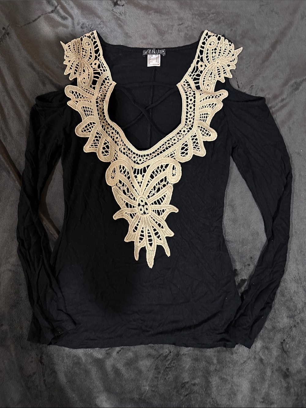 VENUS Black Long-Sleeve Cold-Shoulder Top with Cream Crochet V-Detail